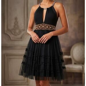 Free People XS Black Tulle Beaded Waist Cross Back Dress